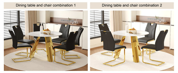 English Elm Table 7-Piece Dining Set With Snow Mountain White Sintered Stone Top & Stylish Black Chairs With Gold Legs W2920S00048-GIGA