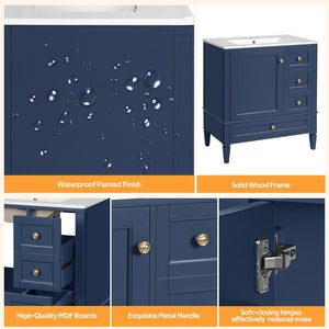 English Elm 30 30 Inch Bathroom Vanity with Ceramic Sink, Modern Compact 3-Drawer Storage Cabinet for Small Baths Blue N710P247499C
