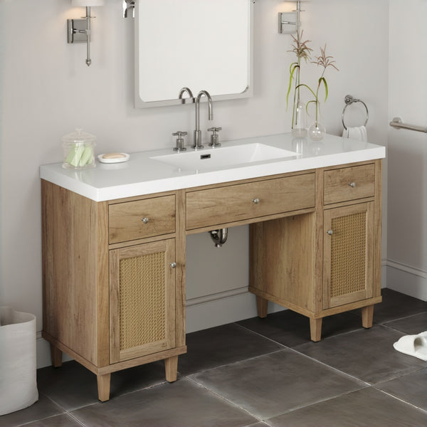 English Elm 60 Inch Double Sink Bathroom Vanity Rattan Pine Legs Soft Close Storage Brown Wood N817P296127N