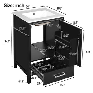 English Elm 20-Inch Compact Bathroom Vanity with Ceramic Sink, Soft-Close Storage, Divider Drawer & Easy Plumbing Access Black N729P334847B