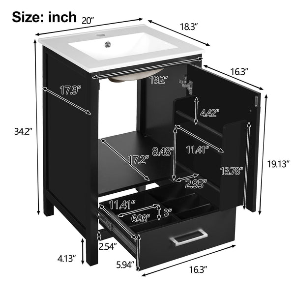 English Elm 20-Inch Compact Bathroom Vanity with Ceramic Sink, Soft-Close Storage, Divider Drawer & Easy Plumbing Access Black N729P334847B