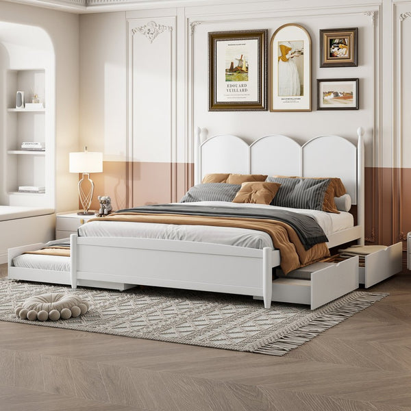 English Elm Queen Size Platform Bed With Twin Xl Trundle, 2 Storage Drawers, Elegant Design For Space-Saving N820S00025K-GIGA