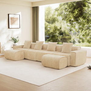 English Elm Streamlined Modular U-shape Sectional Velvet Sofa with Cloud Comfort and Movable Ottomans Light Camel W3041S00356