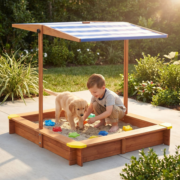English Elm Kids Cedar Sandbox with Adjustable Canopy Corner Seating Outdoor Backyard Play D720094431