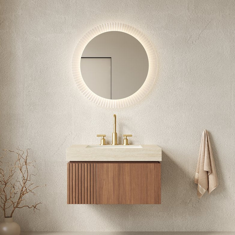 English Elm Muri Floating Bathroom Vanity Plywood Cabinet Sintered Stone Top Oak Drawer W2615S00610