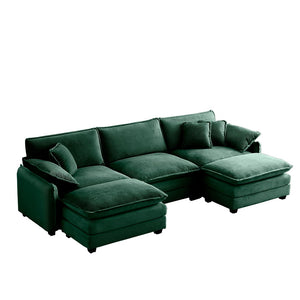 English Elm Oversized Modular Sofa In Green Corduroy - U-Shaped 3-Seater With Convertible Ottoman & Footstools W714S00738-GIGA