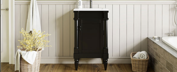 English Elm 18-Inch Modern Bathroom Vanity with Sink Compact Retro Design Durable MDF & Solid Wood Legs Storage-Friendly Black N710P257401B