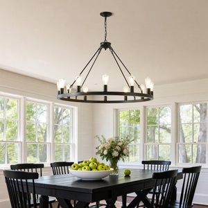English Elm 39.4 Inch Wagon Wheel Chandelier 12-light Matte Black Farmhouse Pendant for Foyer Dining W5008P389282