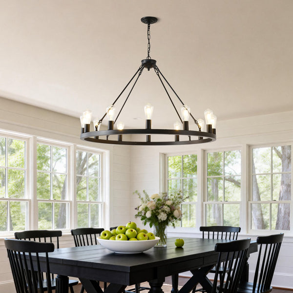 English Elm 39.4 Inch Wagon Wheel Chandelier 12-light Matte Black Farmhouse Pendant for Foyer Dining W5008P389282