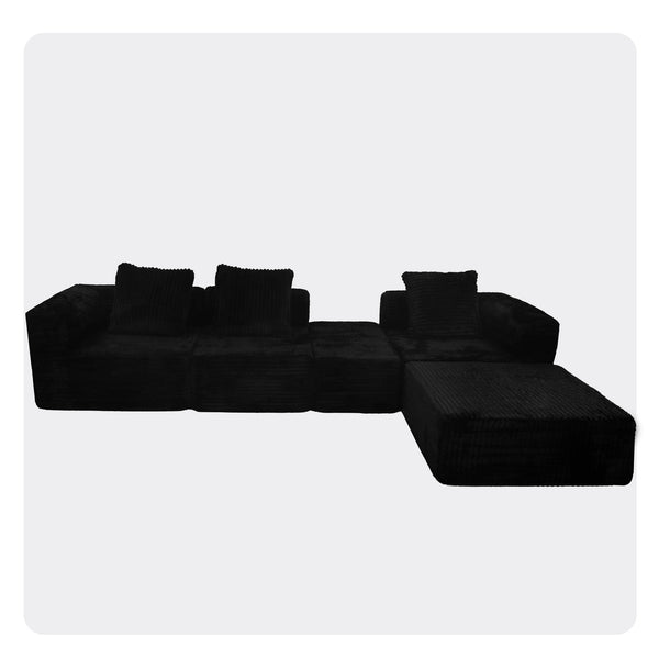 English Elm Modular Plush Velvet Sectional Sofa 4-Seat Cloud Couch with Oversized Chaise, Stain-Resistant Comfort Black W3341P346293