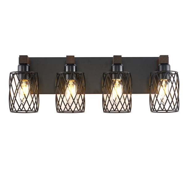 English Elm 4-light Industrial Farmhouse Vanity Bar Wood Backplate Matte Black Cage Bathroom Sconce T3963P458304