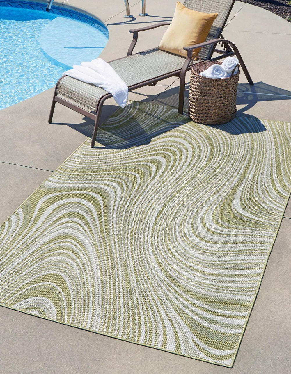 Unique Loom Outdoor Modern Pool Machine Made Abstract Rug Green, Ivory 7' 1" x 10' 0"