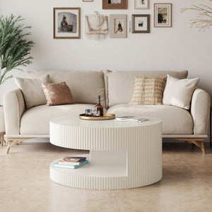 English Elm 31.5'' Round Coffee Table with Hidden Storage and Vertical Stripe Accent, Modern Durable MDF Design White W757P206006