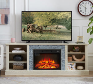 English Elm Large White Fireplace Tv Stand with Faux Stone Surround and Adjustable Media Storage W2275S00035