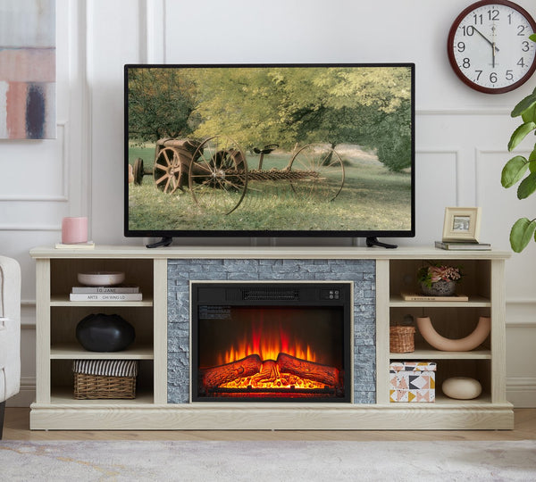 English Elm Large White Fireplace Tv Stand with Faux Stone Surround and Adjustable Media Storage W2275S00035