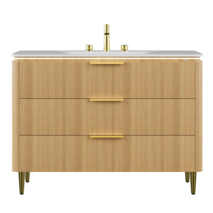 English Elm AMARA 48" Bathroom Vanity with Integrated Sintered Stone Basin, Pre-Assembled Plywood Cabinet, 3 Drawers, Motion Light Carrara White,Light Oak W2615P346340