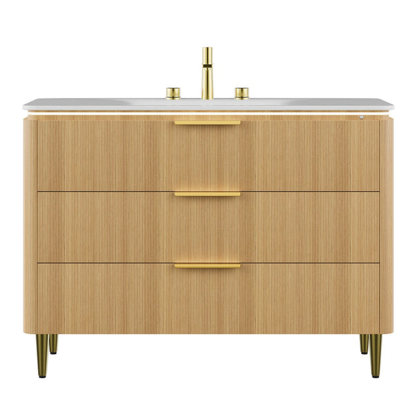 English Elm AMARA 48" Bathroom Vanity with Integrated Sintered Stone Basin, Pre-Assembled Plywood Cabinet, 3 Drawers, Motion Light Carrara White,Light Oak W2615P346340