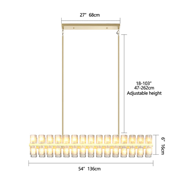 English Elm Crystal Gold Rectangle Chandelier 32.7in Modern Farmhouse 60W G4 LED Warm White Ceiling Fixture W2312P368697