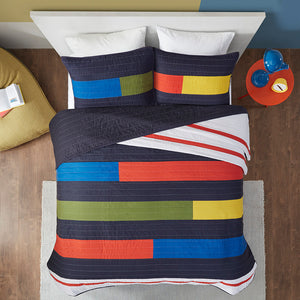 JLA Home Urban Habitat Kids - Stripe Colorblock Quilt Set for Kids — Soft 100% Cotton, Prewashed, OEKO‑TEX & Antimicrobial Finish 88 L x 68 W x 1H UHK13-0222