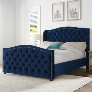 English Elm Marcella Upholstered Shelter Headboard Bed Set, Queen, Navy Blue Velvet