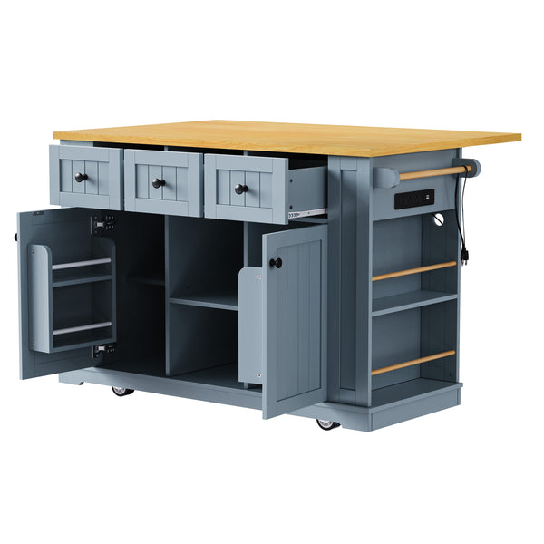 English Elm K&K 53" Large Kitchen Island with 2 Stools, Built-In Power Station, Wheels, Drop Leaf & Ample Storage Grey-Blue N707S000007G