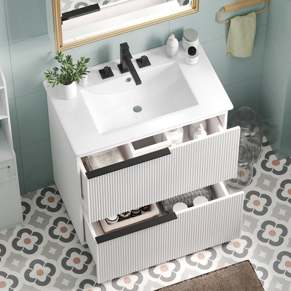 English Elm Christopher Knight Home® - 30" Elegant Bathroom Vanity With Fluted Design, Ceramic Sink, Full-Extension Drawers & Soft-Close Slides N817P295760W