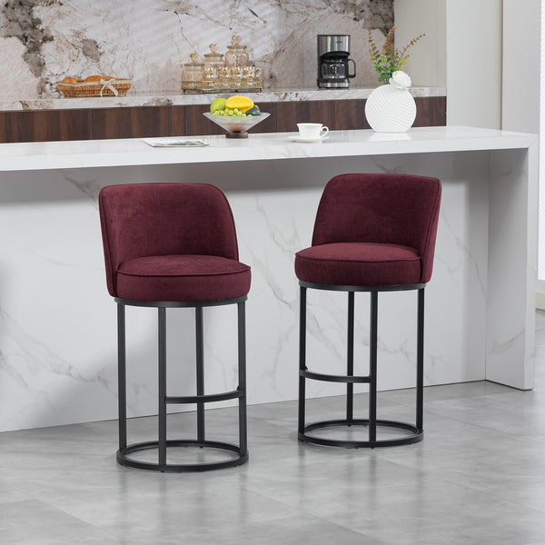 English Elm Counter Height Barstools Set of 2 Linen Upholstered Barrel Seat with Iron Legs Wine Red W395P410434