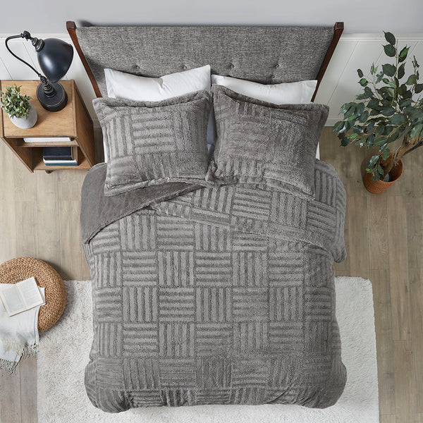 JLA Home Madison Park - Fur Arctic Faux Fur Comforter Mini Set — Plush Checkerboard Texture, OEKO‑TEX, Machine Washable Cozy Grey BASI10-0408