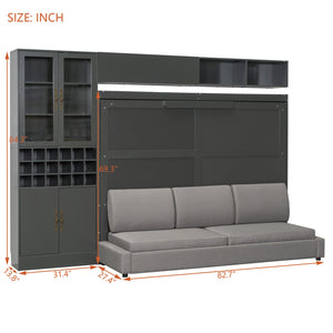 English Elm Queen Murphy Wall Bed Sofa with Open Shelving Usb Charging and Integrated Studio Lighting Gray LP100764AAE