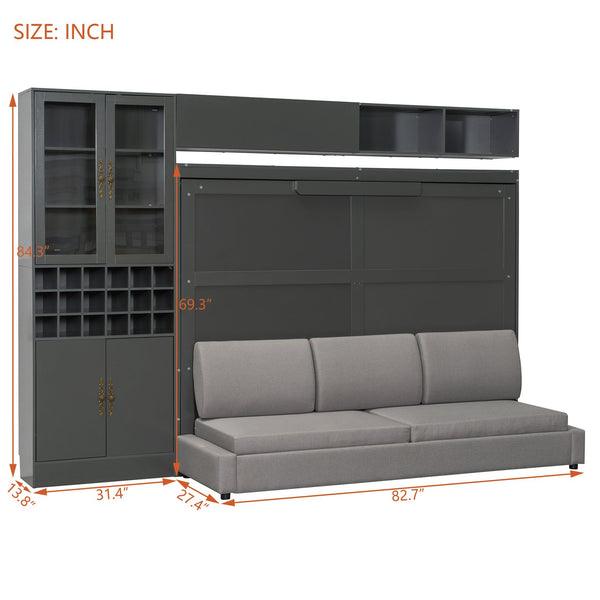 English Elm Queen Murphy Wall Bed Sofa with Open Shelving Usb Charging and Integrated Studio Lighting Gray LP100764AAE