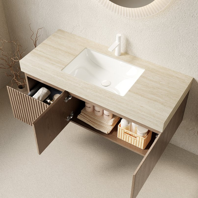 English Elm Muri Floating Bathroom Vanity Plywood Cabinet Sintered Stone Top Woodgrain Finish W2615S00606