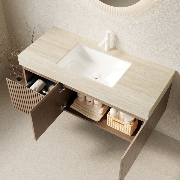 English Elm Muri Floating Bathroom Vanity Plywood Cabinet Sintered Stone Top Woodgrain Finish W2615S00606