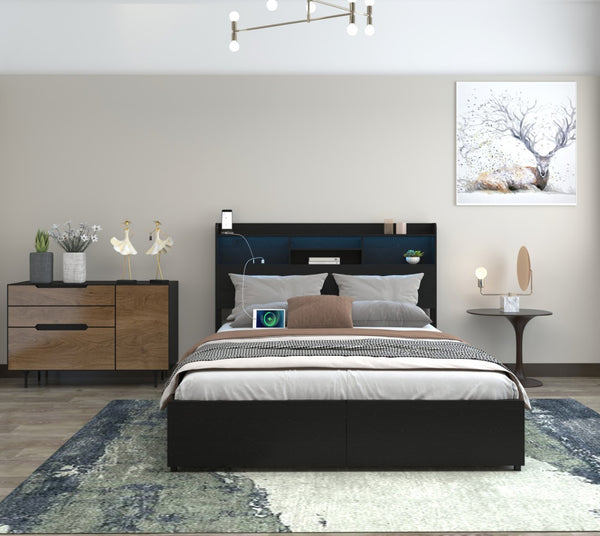 English Elm Queen Bed Frame With 6 Drawers, Headboard Charging Station, No Box Spring Needed, Noiseless Design W2129P387061-GIGA