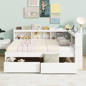 English Elm Full Platform Bed with L-shaped Bookcase Built-in Power Outlets and Storage Drawers White W504S00340