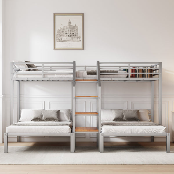 English Elm Metal Triple Bunk Bed Space-Saving Twin over Twin & Twin Design with Staircase Storage Shelves, Durable Metal Frame Silver GX001115AAN