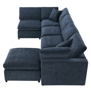 English Elm [new Sku] Chenille Modular Sectional Sleeper Sofa with Ottoman Six Seat U Shape Living Room Dark Blue N723S8583K