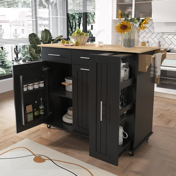 English Elm K&K Kitchen Island with Drop Leaf, Rolling Storage Cart with 3-Tier Pull-Out Organizer, Durable Wood Countertop Black WF531421AAB
