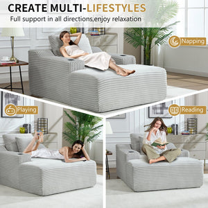 English Elm 67" Corduroy Oversized Chaise Sleeper Sofa Deep Seat Boneless Lounge with Cup Holder Pillows Light Grey W1803P409264