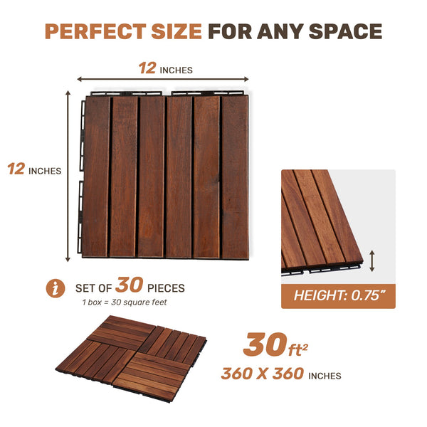 English Elm 30 Interlocking Deck Tiles 12" Square Acacia Hardwood Striped Outdoor Flooring Waterproof DIY Brown W2391P276690