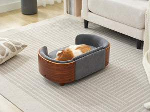 English Elm Scandinavian Elevated Pet Sofa Bed with Walnut Bent Wood Back, Velvet Stain-Resistant Fabric, Cozy Rest Dark Gray W794125914