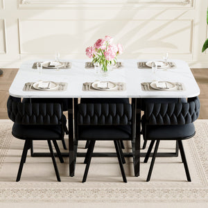 English Elm 7-piece Dining Set Tufted Velvet Chairs Melamine Table Modern Farmhouse Kitchen Black,White W3875S00118