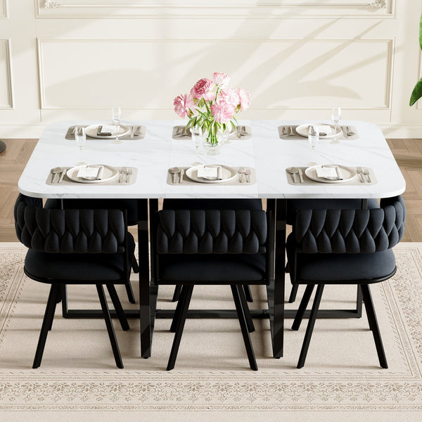 English Elm 7-piece Dining Set Tufted Velvet Chairs Melamine Table Modern Farmhouse Kitchen Black,White W3875S00118