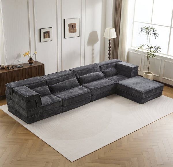English Elm Compression Mahjong Sofa - Oversized Modular Floor Bed With Ottoman, No Assembly, Soft Fleece Fabric W3723S00037
