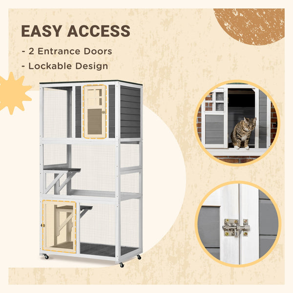 English Elm Pawhut Wooden Catio Outdoor Cat Enclosure with Wheels Weatherproof Asphalt Roof W2225P173768