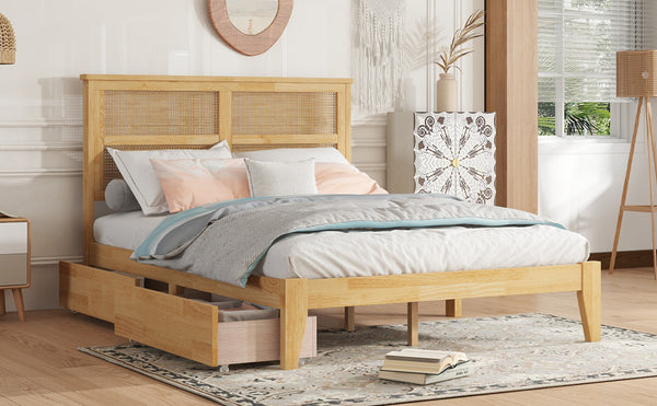 English Elm Full Full Size Bed with Rattan Headboard and Two Underbed Storage Drawers, Rubberwood Slat Support White Oak W504P269606