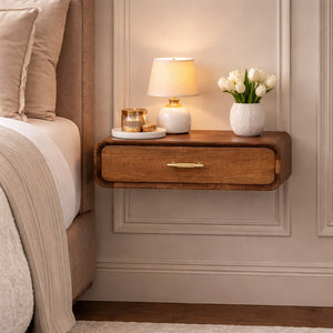 English Elm Solid Wood Handcrafted Floating Nightstand Shelf with Organic Curved Wall Mount B182P490949