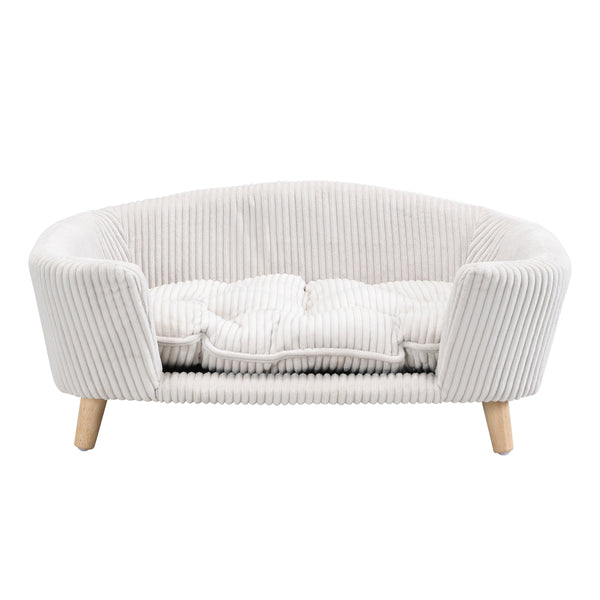 English Elm Elevated Pet Sofa with Corduroy Upholstery Rubberwood Legs and Supportive Foam for Small Dogs Beige N779P395017A