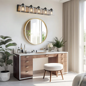 English Elm 40" Farmhouse Vanity Light Fixture, 5-Light Industrial Bathroom Sconce with Clear Seeded Glass Shades, Black Wood Finish, Retro Chic Design W2312P374828