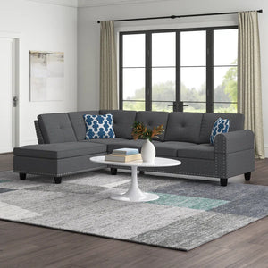 English Elm 2-Piece Alger 98" Wide Left-Hand Sofa & Chaise in Linen Blend with Tufted Backs, Nailhead Trim, Supportive Foam Cushions and Accent Pillows Dark Gray B102S00094