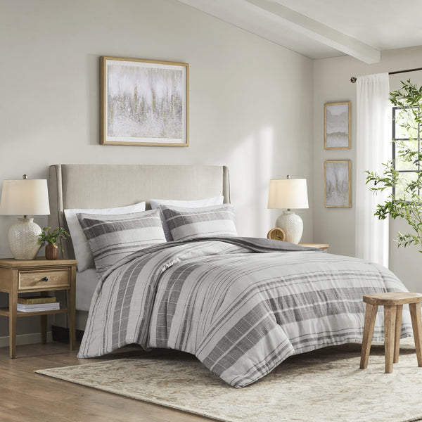 JLA Home Madison Park - 3 Stripe Linen-Look Duvet Cover Set with Black Stripes, OEKO-TEX Cotton-Poly, Button Closure, Ties MP12-8374